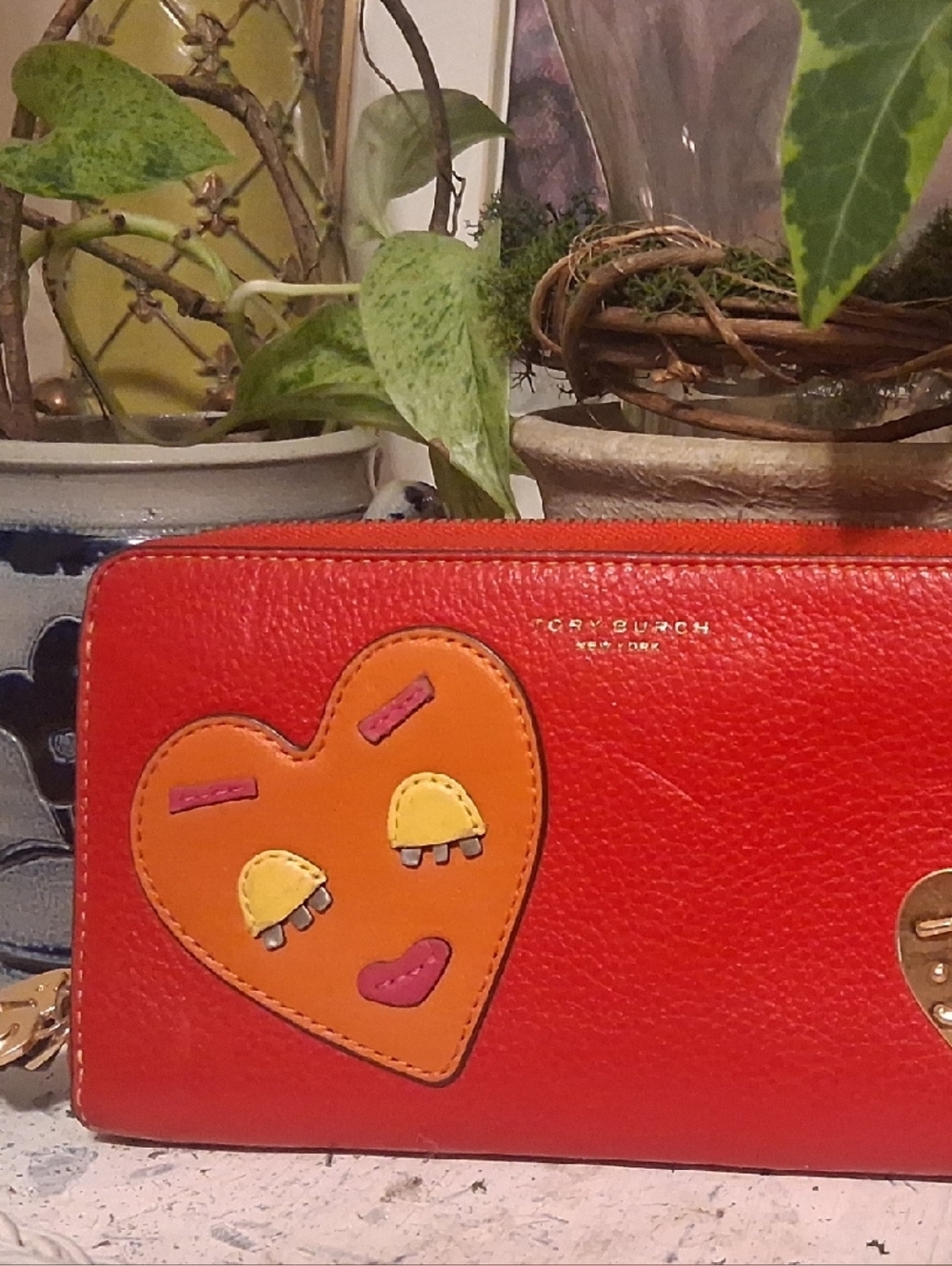 Tory Burch Red Leather Zip Wallet with Orange Heart Appliqué